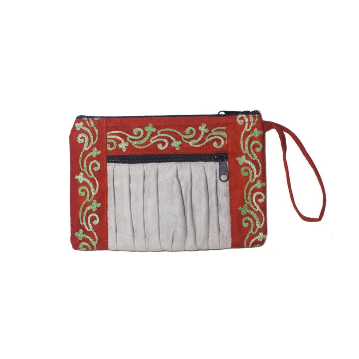 Faux Suede Embroidered Zip Purse