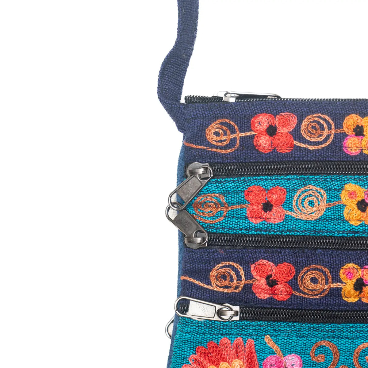 5 Zipper Cross Body Embroidery Cotton Bag