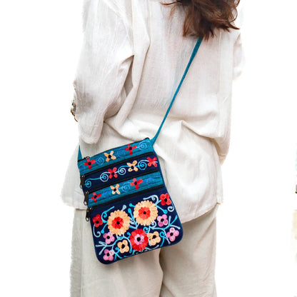 5 Zipper Cross Body Embroidery Cotton Bag