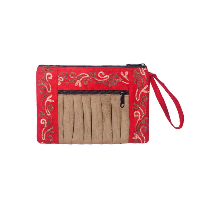 Faux Suede Embroidered Zip Purse