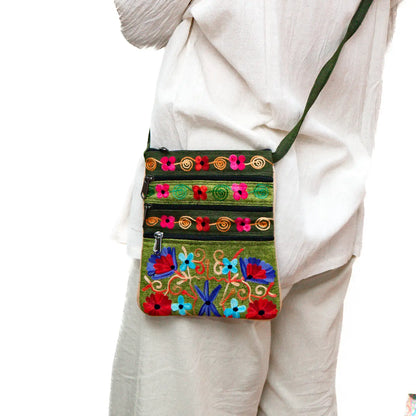 5 Zipper Cross Body Embroidery Cotton Bag