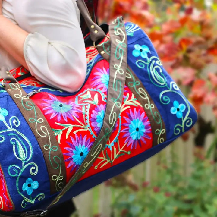 Faux Suede Embroidered Travel Bag