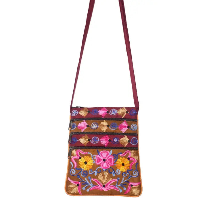 Embroidered Zip Shoulder Bag